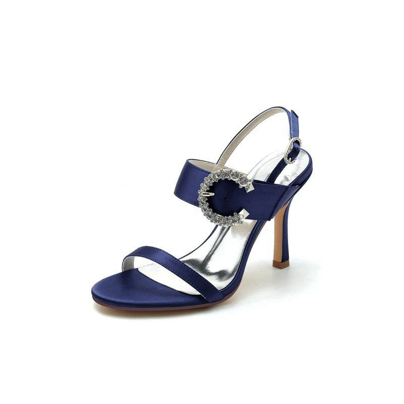 Open Toe Satin Heels with Crystal Buckle