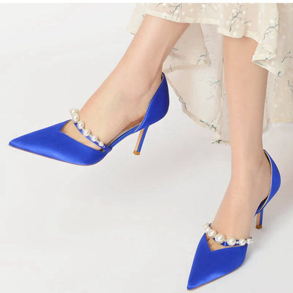 Party Pearl Strap Pointed Toe Satin High Heels