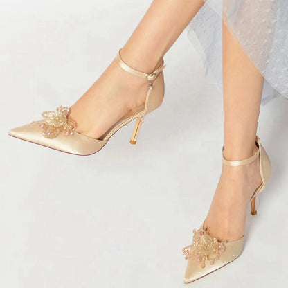 Pointed Toe Crystal Flower Ankle Strap Stiletto Heels