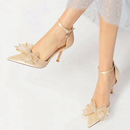 Pointed Toe Bow Stiletto Ankle Strap High Heels