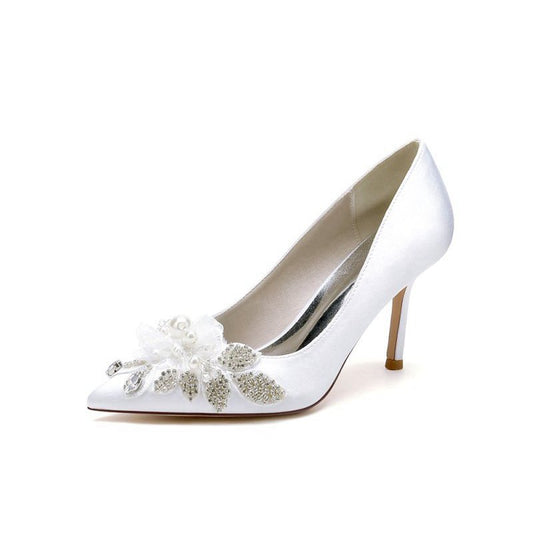 Pointed Toe Satin Bridal Heels with Crystal Flower