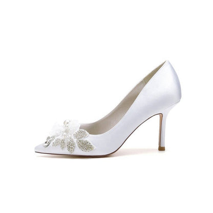 Pointed Toe Satin Bridal Heels with Crystal Flower