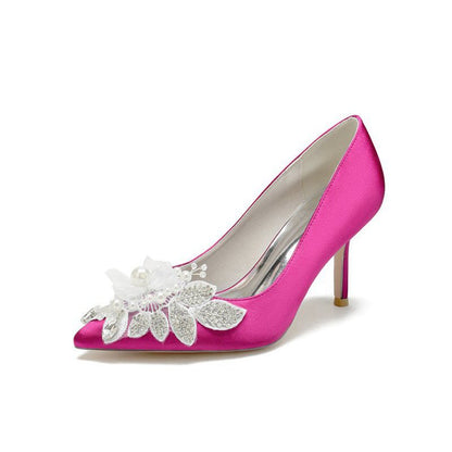 Pointed Toe Satin Bridal Heels with Crystal Flower