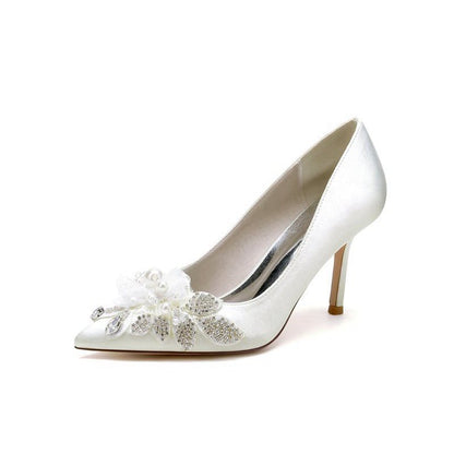 Pointed Toe Satin Bridal Heels with Crystal Flower
