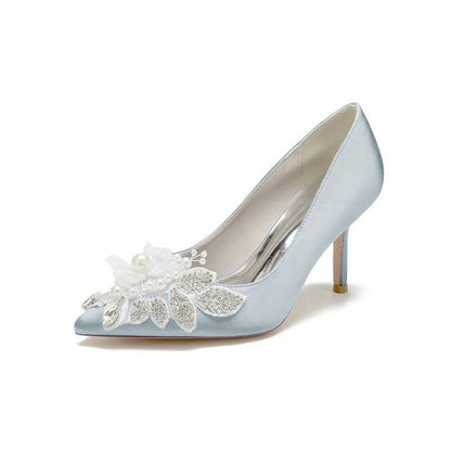 Pointed Toe Satin Bridal Heels with Crystal Flower