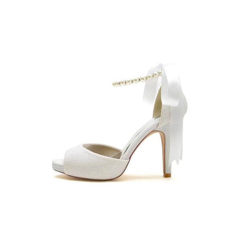 Peep Toe Pearl Strap Ribborn Wedding