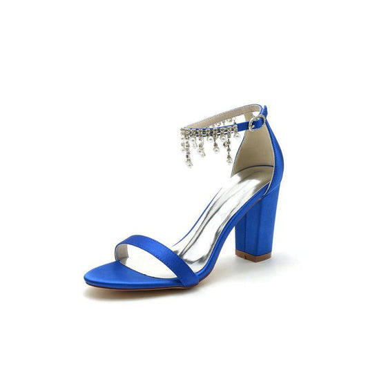 Open Toe Block Heels with Rhinestone Tassel