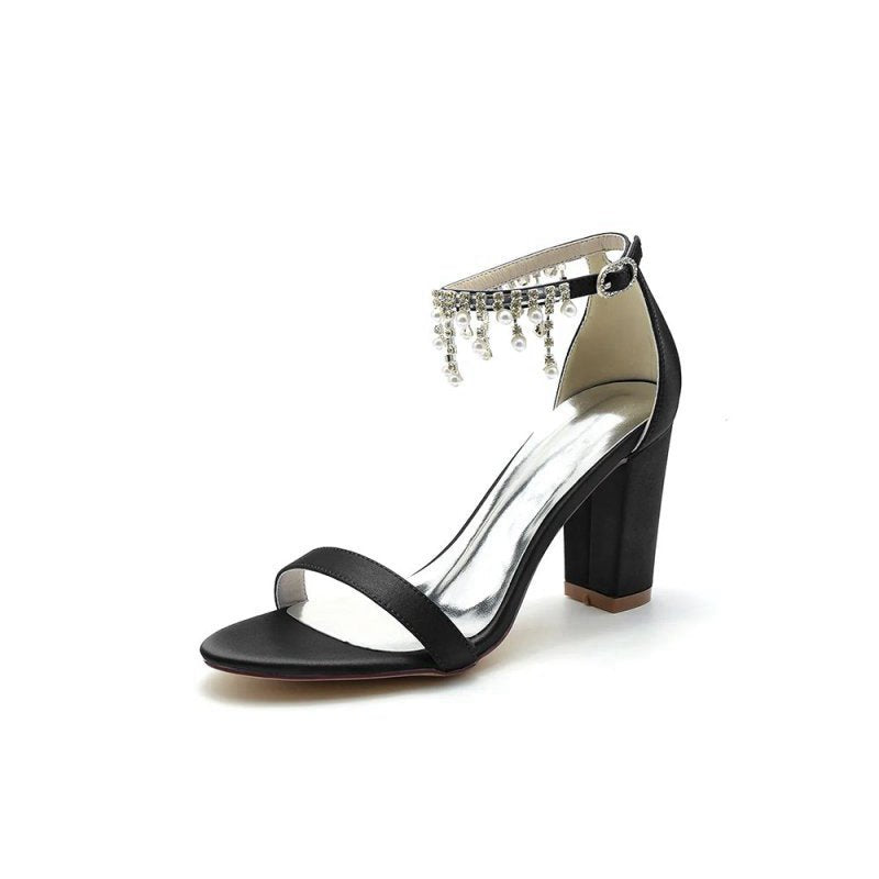 Open Toe Block Heels with Rhinestone Tassel