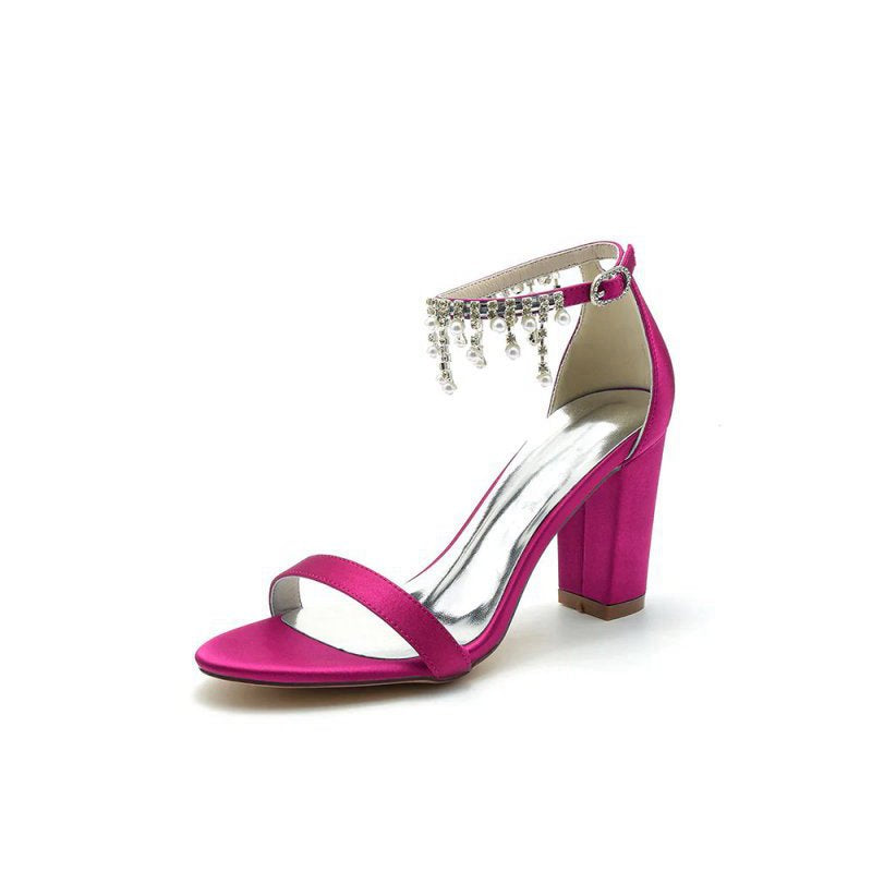 Open Toe Block Heels with Rhinestone Tassel