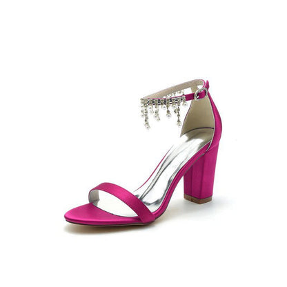 Open Toe Block Heels with Rhinestone Tassel