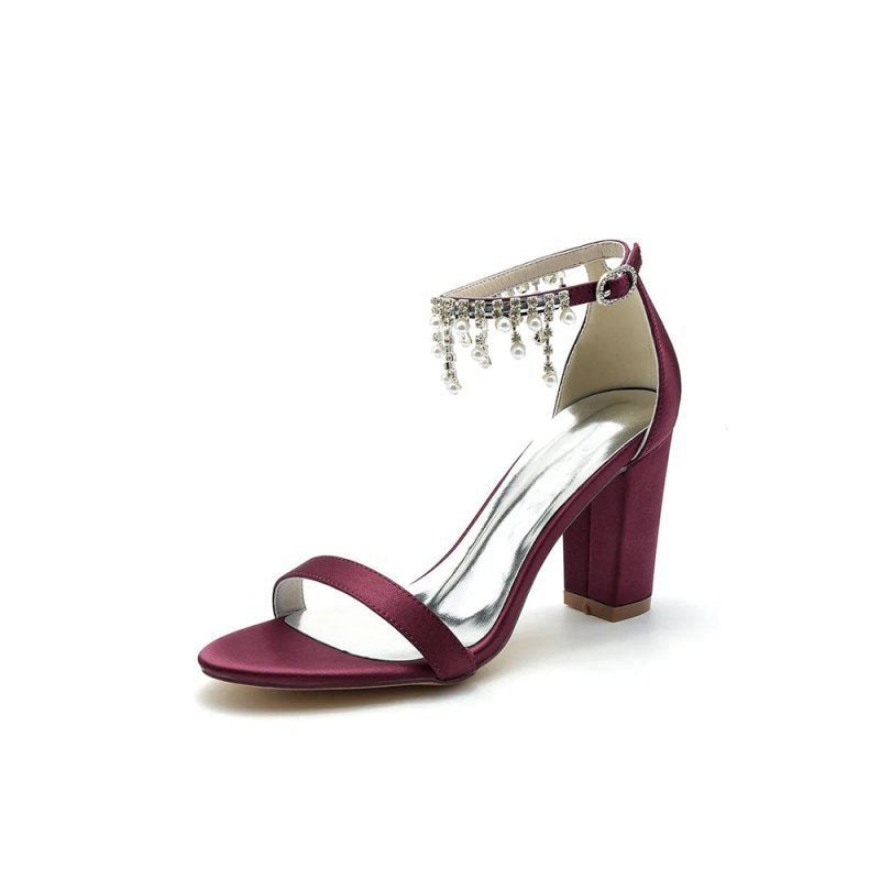 Open Toe Block Heels with Rhinestone Tassel