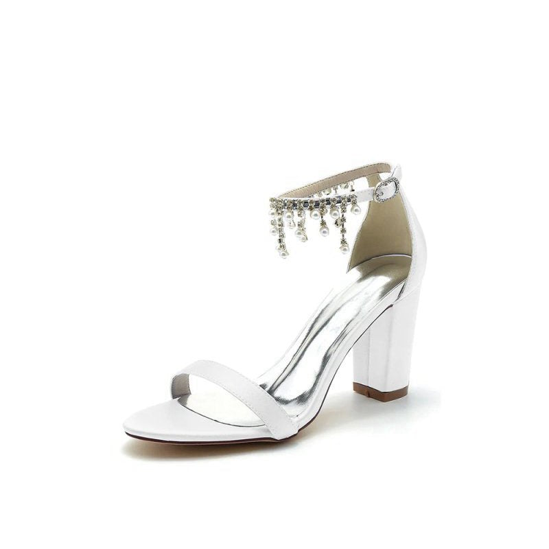 Open Toe Block Heels with Rhinestone Tassel