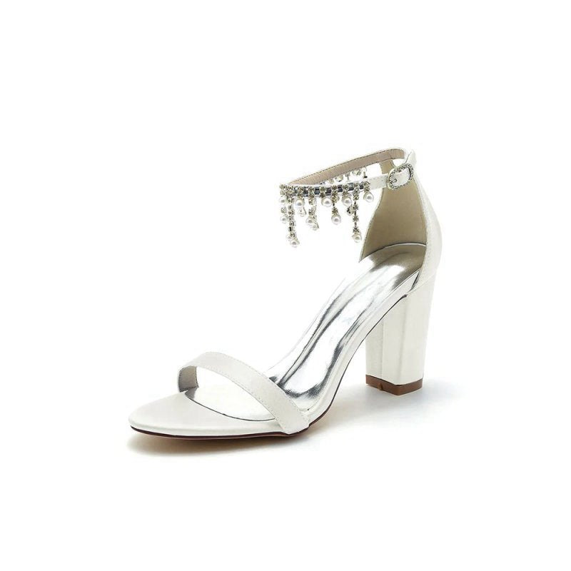Open Toe Block Heels with Rhinestone Tassel