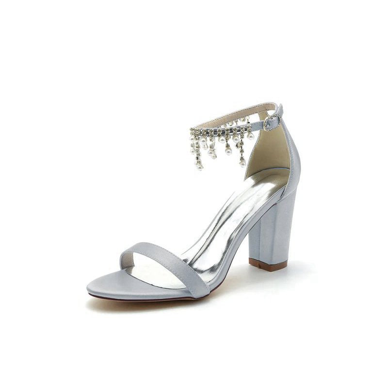 Open Toe Block Heels with Rhinestone Tassel