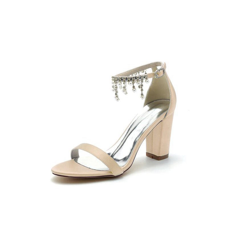 Open Toe Block Heels with Rhinestone Tassel