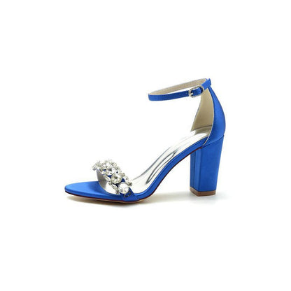 Open Toe Chunky Heels with Rhinestone