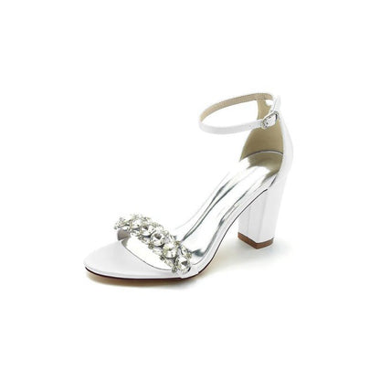 Open Toe Chunky Heels with Rhinestone