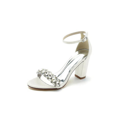 Open Toe Chunky Heels with Rhinestone