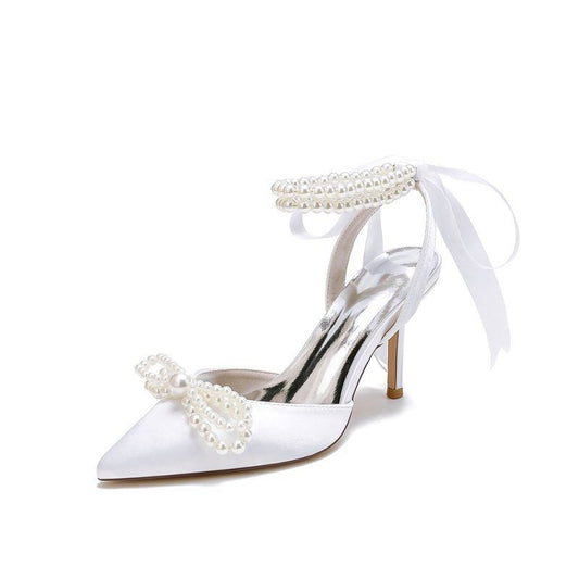 Pointed Toe Pearl Strap with Ribbon Tie