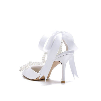 Pointed Toe Pearl Strap with Ribbon Tie