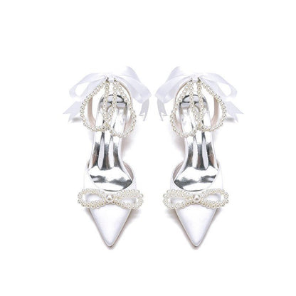 Pointed Toe Pearl Strap with Ribbon Tie