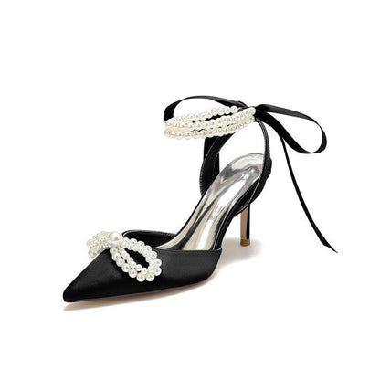 Pointed Toe Pearl Strap with Ribbon Tie