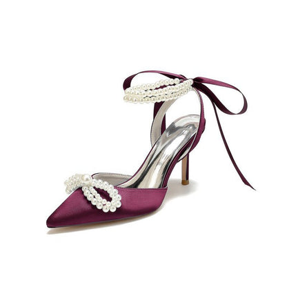 Pointed Toe Pearl Strap with Ribbon Tie