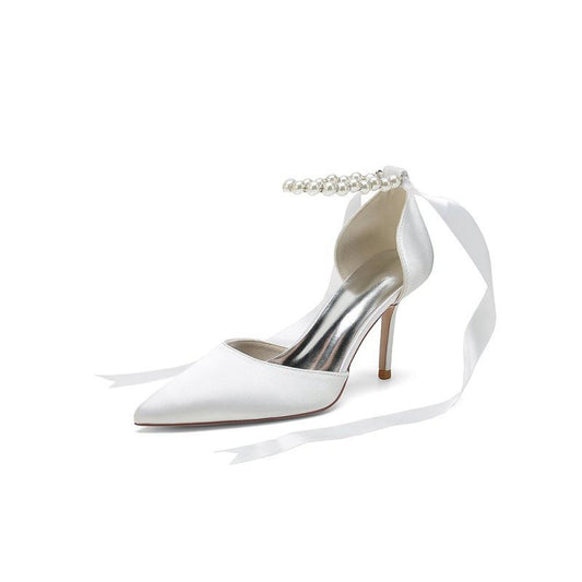 Pointed Toe Pearl Strap Ribbon Tie High Heel