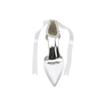 Pointed Toe Pearl Strap Ribbon Tie High Heel