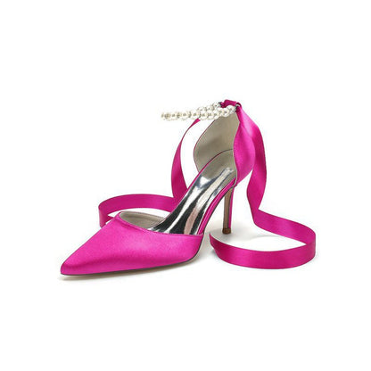 Pointed Toe Pearl Strap Ribbon Tie High Heel