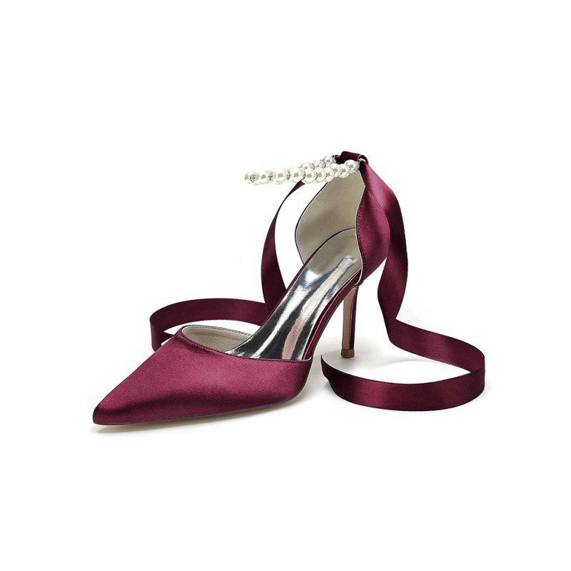 Pointed Toe Pearl Strap Ribbon Tie High Heel