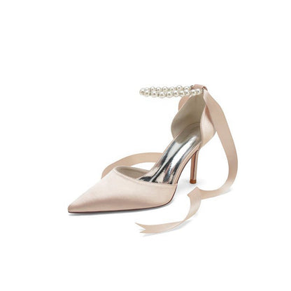 Pointed Toe Pearl Strap Ribbon Tie High Heel