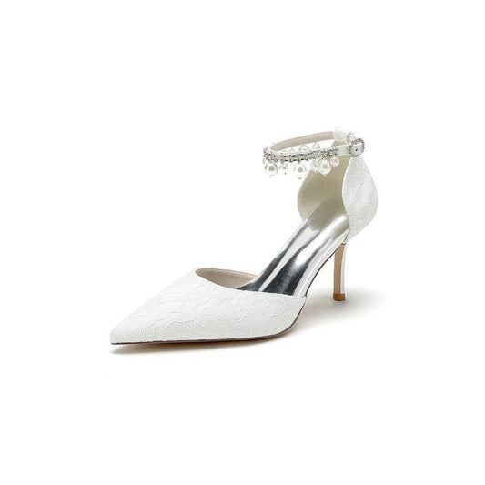 Pointed Toe Bridal Heels Pearl Strap