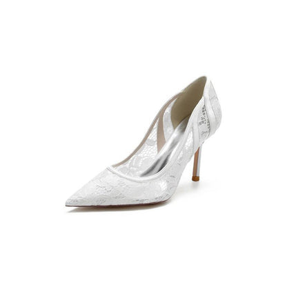 Pointed Toe Bridal Heels with Lace Appliques