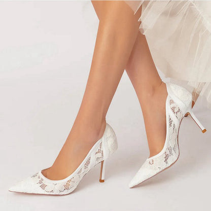 Pointed Toe Bridal Heels with Lace Appliques