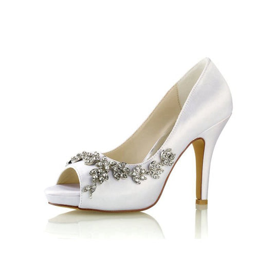 Peep Toe Block Heels With Rhinestone Flower
