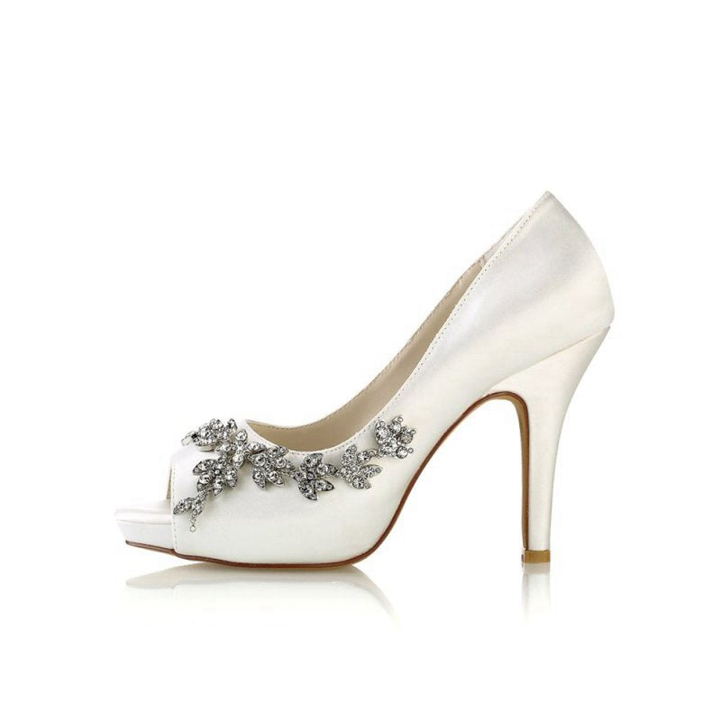 Peep Toe Block Heels With Rhinestone Flower