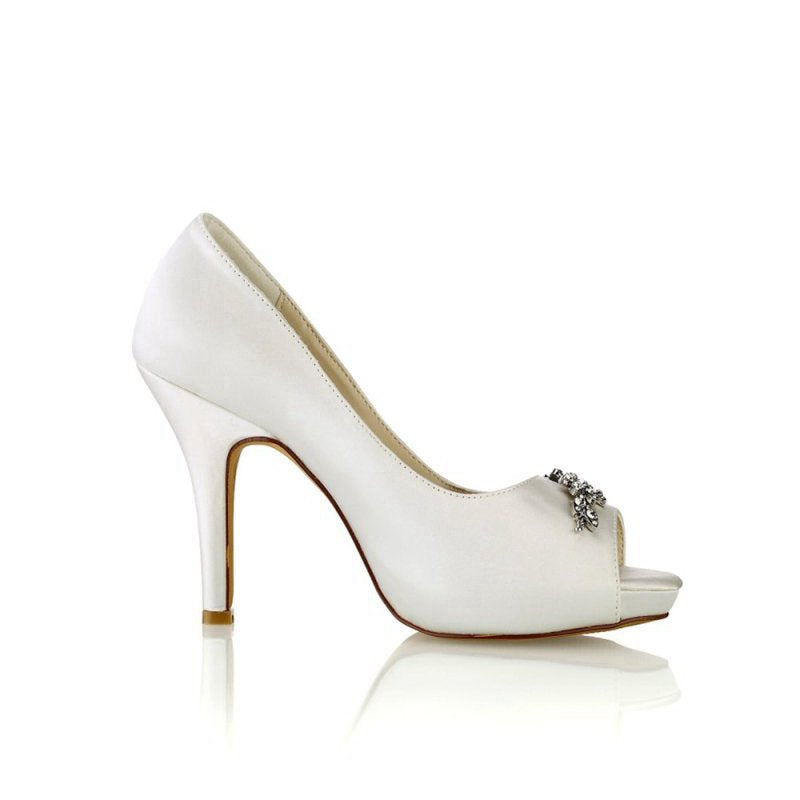 Peep Toe Block Heels With Rhinestone Flower