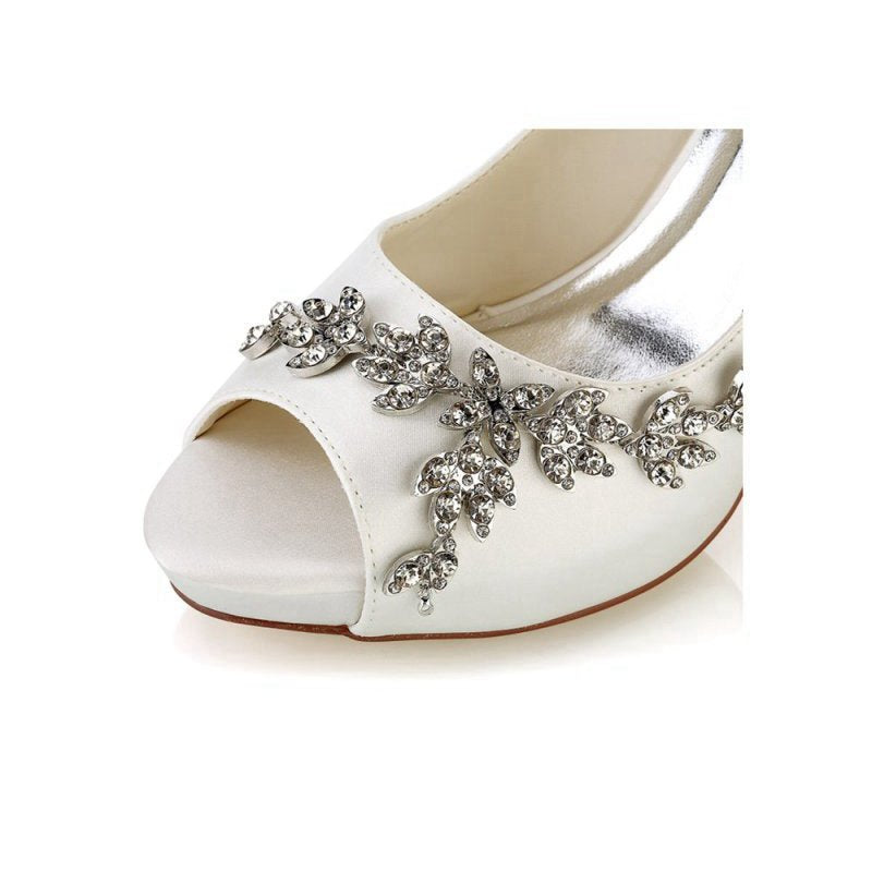 Peep Toe Block Heels With Rhinestone Flower