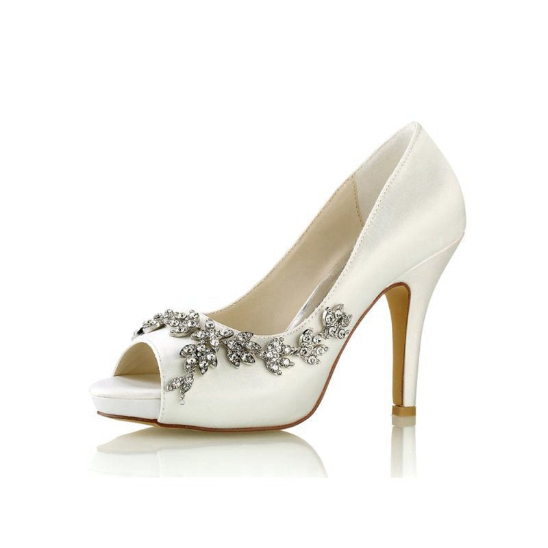 Peep Toe Block Heels With Rhinestone Flower