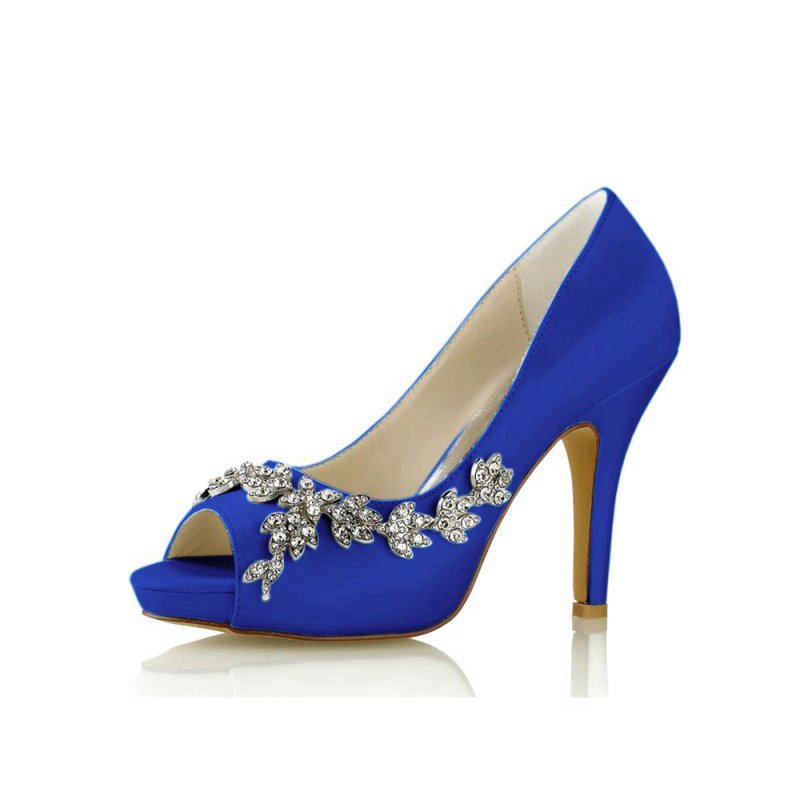 Peep Toe Block Heels With Rhinestone Flower