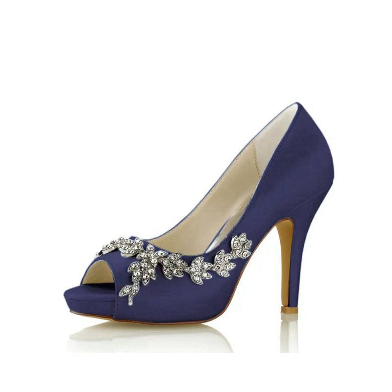 Peep Toe Block Heels With Rhinestone Flower