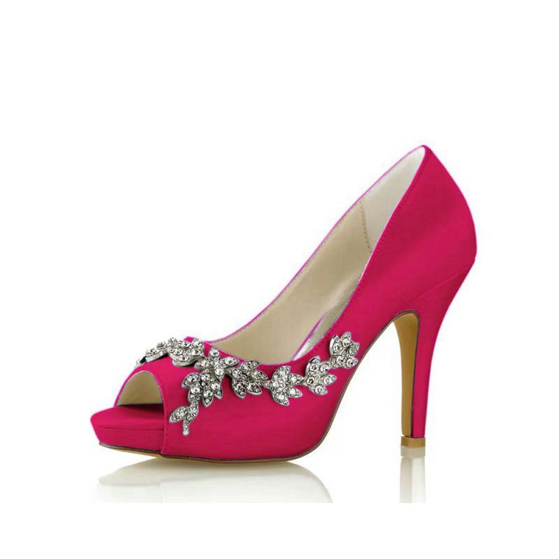 Peep Toe Block Heels With Rhinestone Flower