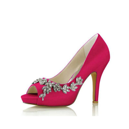 Peep Toe Block Heels With Rhinestone Flower