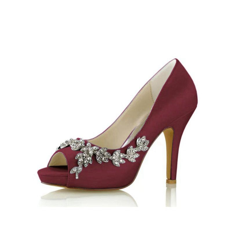 Peep Toe Block Heels With Rhinestone Flower