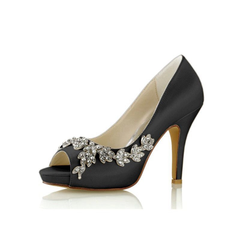 Peep Toe Block Heels With Rhinestone Flower