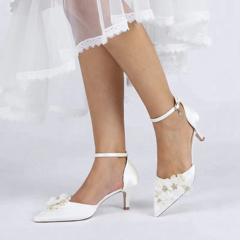 Women's Wedding Shoes Pointed Toe Ankle Strap Stiletto Heels with Rhinestone Flower