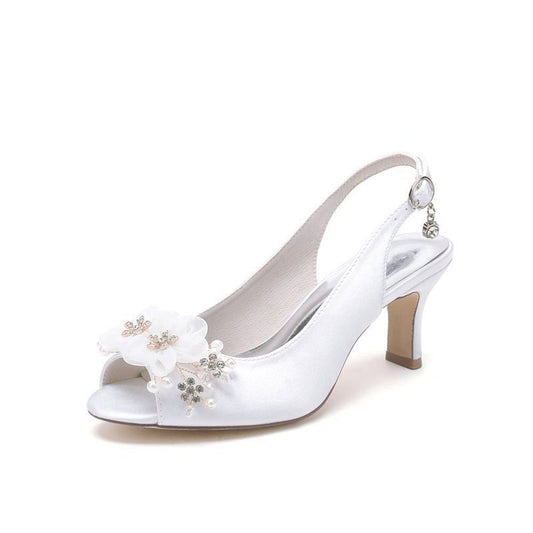 Peep Toe Slingback Beaded Chunky Wedding Shoes with Flowers