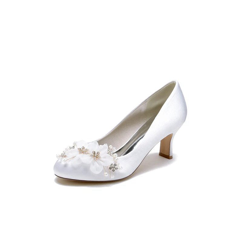 Rhinestone Chunky Heels with Flower