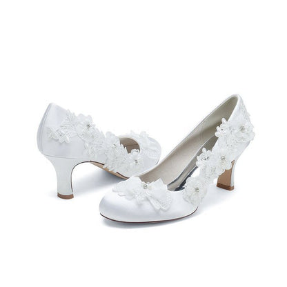 Lace Pointed Toe Chunky Heels with Beaded